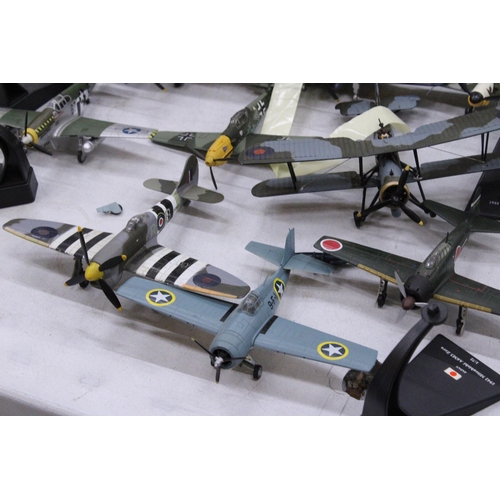 263 - TEN MODEL MILITARY AEROPLANES FROM VARIOUS COUNTRIES ON DISPLAY STANDS