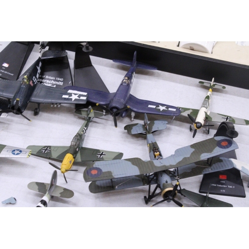 263 - TEN MODEL MILITARY AEROPLANES FROM VARIOUS COUNTRIES ON DISPLAY STANDS