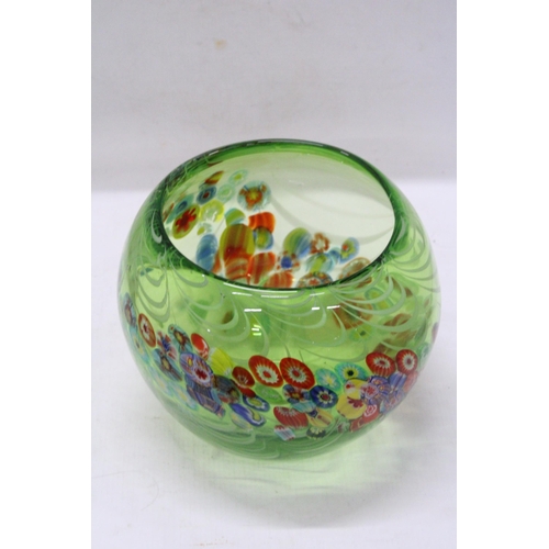 277 - A MURANO GREEN GLASS MILLEFIORI BOWL, HEIGHT 17CM