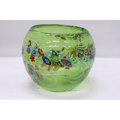 277 - A MURANO GREEN GLASS MILLEFIORI BOWL, HEIGHT 17CM