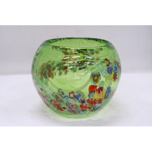 277 - A MURANO GREEN GLASS MILLEFIORI BOWL, HEIGHT 17CM