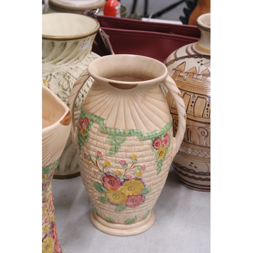 297 - FOUR VINTAGE LARGE VASES AND ONE JUG TO INCLUDE ARTHUR WOOD, CARDENWALL