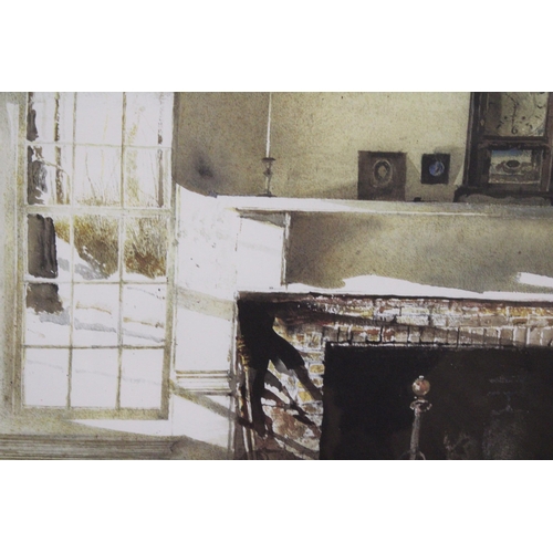 300 - A LARGE FRAMED PRINT OF A RUSTIC HOUSE INTERIOR, 89CM X 72CM