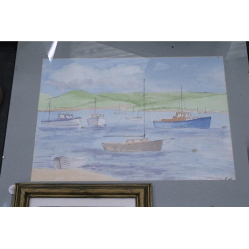 73 - THREE WATERCOLOUR PAINTINGS TO INCLUDE A HARBOUR SCENE, ETC