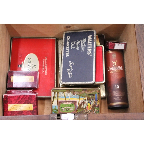 78 - A VINTAGE MAHOGANY BOX CONTAINING AN ASSORTMENT OF VINTAGE TINS, COSTUME JEWELLERY, PHOTOFRAMES, BRA... 