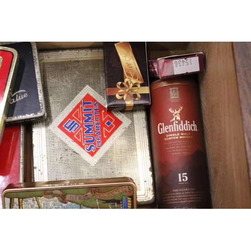 78 - A VINTAGE MAHOGANY BOX CONTAINING AN ASSORTMENT OF VINTAGE TINS, COSTUME JEWELLERY, PHOTOFRAMES, BRA... 