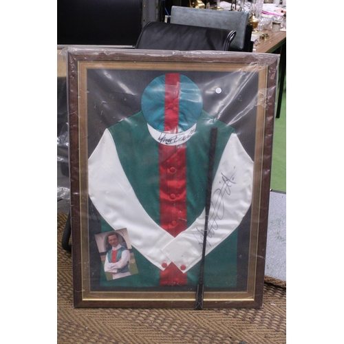 83 - A SET OF FRAMED FRANKIE DETTORI SIGNED SILKS AND A RIDING CROP - 72CM X 95CM