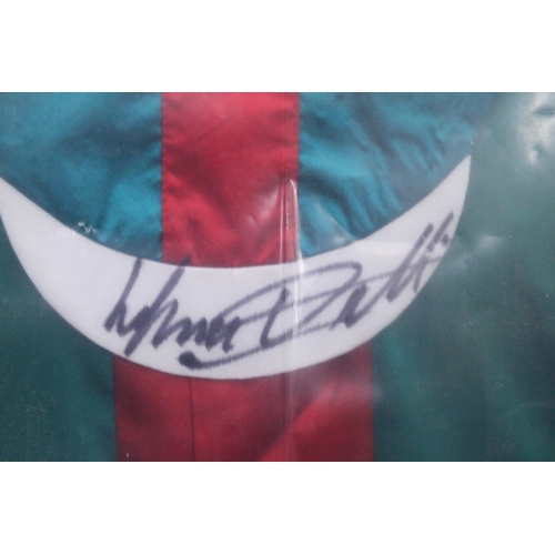 83 - A SET OF FRAMED FRANKIE DETTORI SIGNED SILKS AND A RIDING CROP - 72CM X 95CM