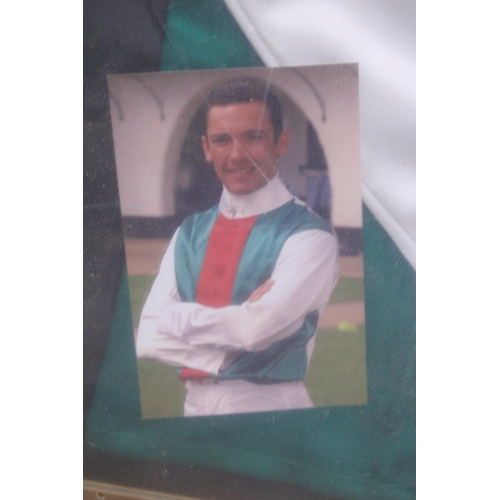 83 - A SET OF FRAMED FRANKIE DETTORI SIGNED SILKS AND A RIDING CROP - 72CM X 95CM