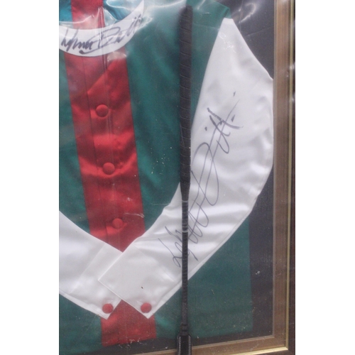 83 - A SET OF FRAMED FRANKIE DETTORI SIGNED SILKS AND A RIDING CROP - 72CM X 95CM