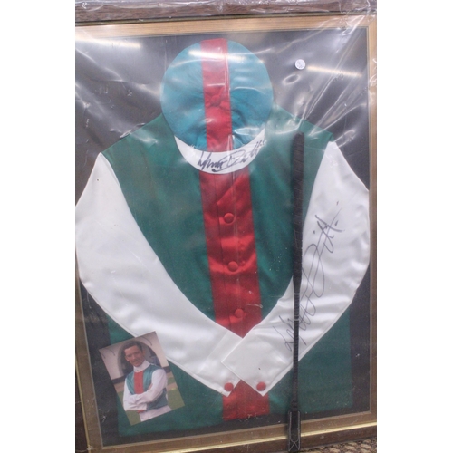 83 - A SET OF FRAMED FRANKIE DETTORI SIGNED SILKS AND A RIDING CROP - 72CM X 95CM