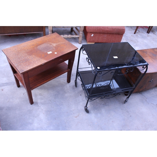 3033 - A WROUGHT IRON FRAMED TWO TIER TABLE WITH GLASS TOPS AND COFFEE TABLE