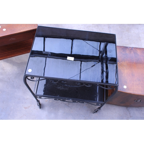 3033 - A WROUGHT IRON FRAMED TWO TIER TABLE WITH GLASS TOPS AND COFFEE TABLE