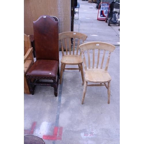 3022 - A PAIR OF VICTORIAN STYLE KITCHEN CHAIRS AND A HIGH BACK JACOBEAN STYLE STUDDED LEATHER DINING CHAIR