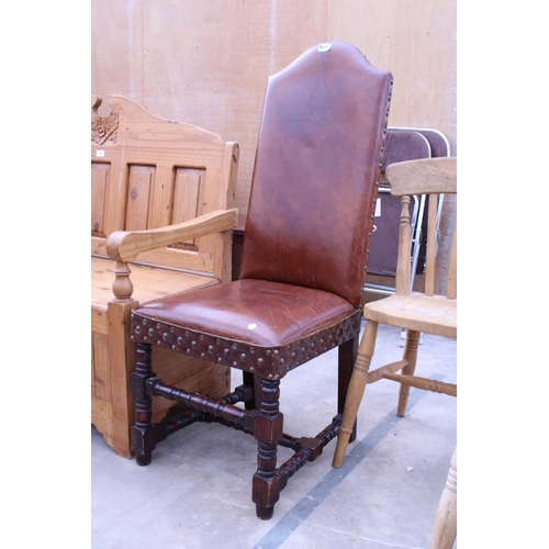 3022 - A PAIR OF VICTORIAN STYLE KITCHEN CHAIRS AND A HIGH BACK JACOBEAN STYLE STUDDED LEATHER DINING CHAIR