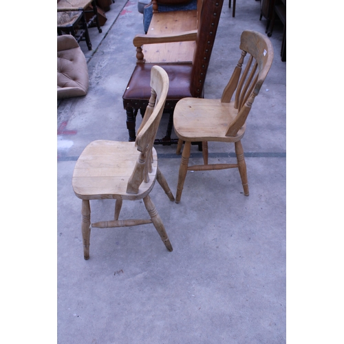 3022 - A PAIR OF VICTORIAN STYLE KITCHEN CHAIRS AND A HIGH BACK JACOBEAN STYLE STUDDED LEATHER DINING CHAIR