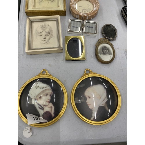 157 - TWELVE MINIATURE PHOTOFRAMES TO INCLUDE TWO GILT REPRODUCTION PROTRAITS, PLUS THREE MINIATURE BUSTS