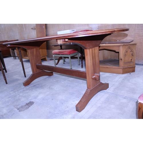 3035 - A MODERN TWIN PEDESTAL D-END DINING TABLE BEARING GRAHAM AMEY LTD (CRICKHOWELL) LABEL