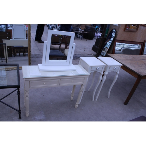 3048 - A MODERN WHITE SIDE TABLE WITH SWING MIRROR AND A PAIR OF BEDSIDE TABLES