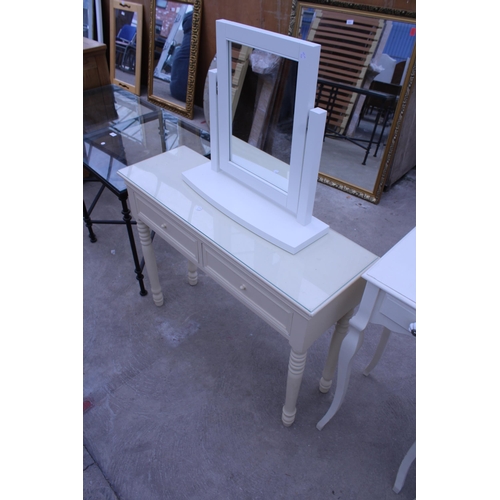 3048 - A MODERN WHITE SIDE TABLE WITH SWING MIRROR AND A PAIR OF BEDSIDE TABLES