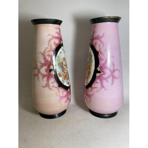 25 - A PAIR OF FRENCH STYLE OPALINE HANDPAINTED VASES WITH TRANSFERS OF FAIR MAIDENS - 33 CM