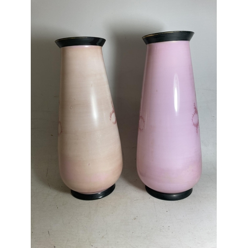 25 - A PAIR OF FRENCH STYLE OPALINE HANDPAINTED VASES WITH TRANSFERS OF FAIR MAIDENS - 33 CM