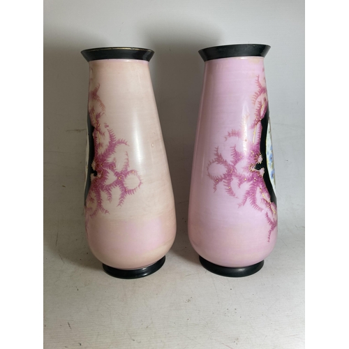 25 - A PAIR OF FRENCH STYLE OPALINE HANDPAINTED VASES WITH TRANSFERS OF FAIR MAIDENS - 33 CM