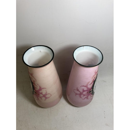 25 - A PAIR OF FRENCH STYLE OPALINE HANDPAINTED VASES WITH TRANSFERS OF FAIR MAIDENS - 33 CM