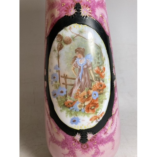 25 - A PAIR OF FRENCH STYLE OPALINE HANDPAINTED VASES WITH TRANSFERS OF FAIR MAIDENS - 33 CM