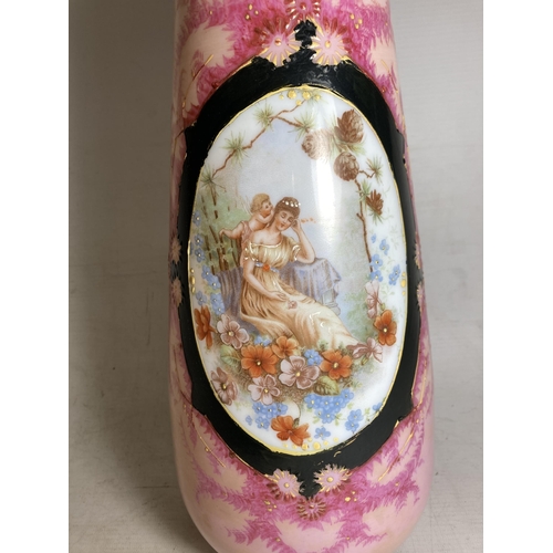 25 - A PAIR OF FRENCH STYLE OPALINE HANDPAINTED VASES WITH TRANSFERS OF FAIR MAIDENS - 33 CM