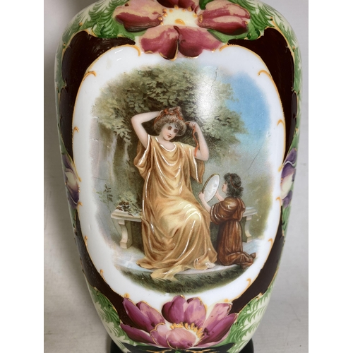 30 - A PAIR OF FRENCH STYLE OPALINE HAND PAINTED VASES WITH TRANSFERS OF FAIR MAIDENS WITH CHILDREN - 32 ... 