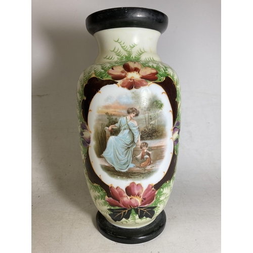 30 - A PAIR OF FRENCH STYLE OPALINE HAND PAINTED VASES WITH TRANSFERS OF FAIR MAIDENS WITH CHILDREN - 32 ... 