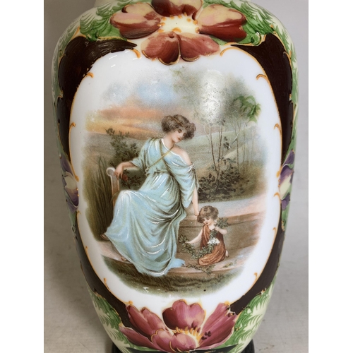 30 - A PAIR OF FRENCH STYLE OPALINE HAND PAINTED VASES WITH TRANSFERS OF FAIR MAIDENS WITH CHILDREN - 32 ... 