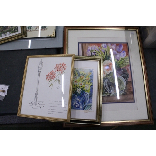 72 - THREE FRAMED WATERCOLOUR IMAGES OF FLOWERS, ONE WITH A POEM