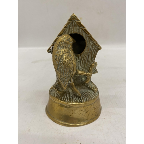 161 - A HEAVY VINTAGE BRASS BIRD AND BIRD HOUSE ORNAMENT