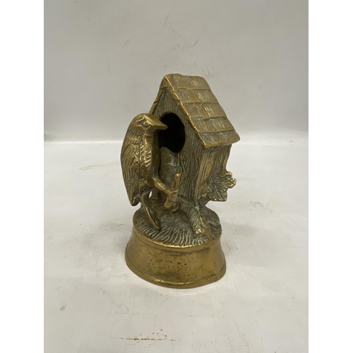 161 - A HEAVY VINTAGE BRASS BIRD AND BIRD HOUSE ORNAMENT