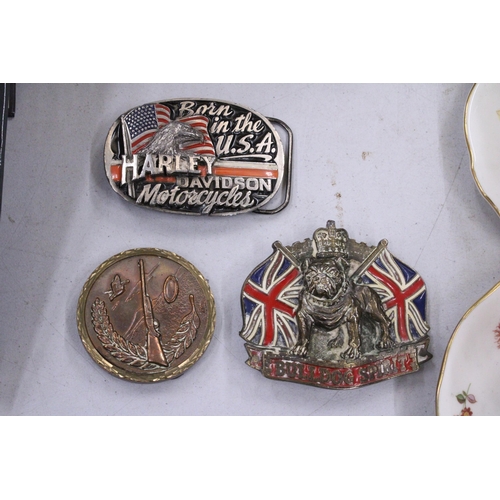 248 - THREE BELT BUCKLES TO INCLUDE HARLEY-DAVIDSON, BULLDOG SPIRIT AND ONE OTHER