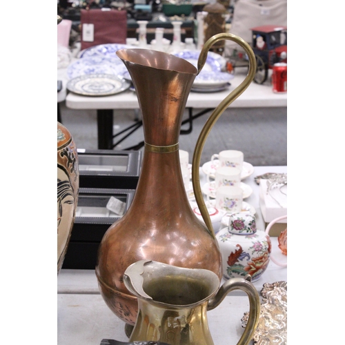 290 - A COPPER KETTLE, LARGE COPPER AND BRASS JUG, HEIGHT 48CM AND A BRASS JUG