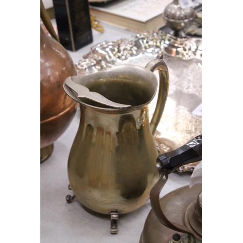 290 - A COPPER KETTLE, LARGE COPPER AND BRASS JUG, HEIGHT 48CM AND A BRASS JUG