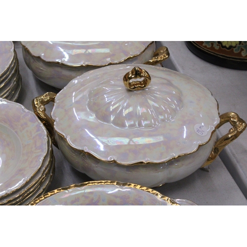 293 - A LUSTREWARE DINNER SERVICE (APPROX 44 PIECES) TO INCLUDE SERVING TUREENS, A SERVING BOWL AND PLATE,... 