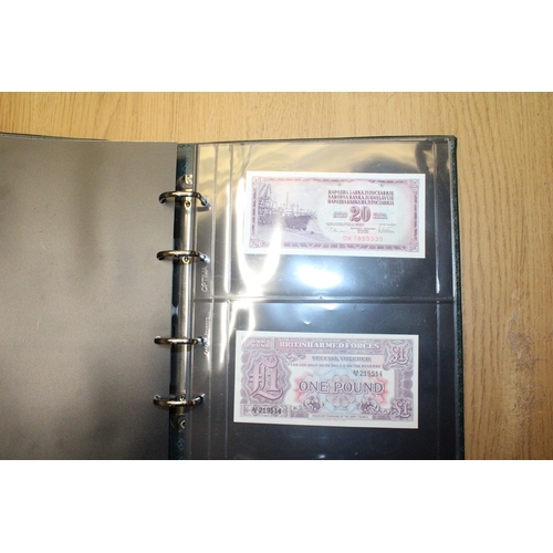 311 - A FOLDER CONTAINING A QUANTITY OF VINTAGE WORLD BANK NOTES TO INCLUDE A COLLECTION OF BRITISH ARMED ... 