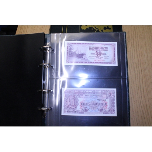 311 - A FOLDER CONTAINING A QUANTITY OF VINTAGE WORLD BANK NOTES TO INCLUDE A COLLECTION OF BRITISH ARMED ... 