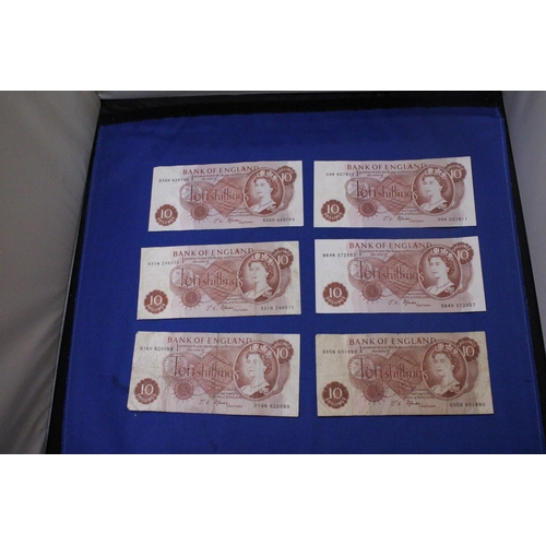 316 - SIX BANK OF ENGLAND TEN SHILLINGS' NOTES FEATURING QUEEN ELIZABETH II SIGNED BY CHIEF CASHIER J.S. F... 