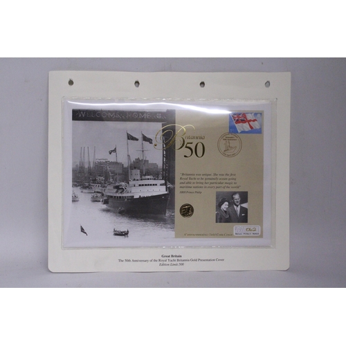 331 - A UK  QE11 THE 50TH ANNIVERSARY OF THE ROYAL YACHT BRITANNIA GOLD PRESENTATION COVER LIMITED EDITION... 