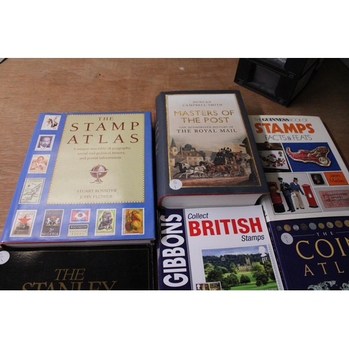 473 - SEVEN VARIOUS STAMP AND COIN COLLECTING BOOKS TO INCLUDE STANLEY GIBBONS