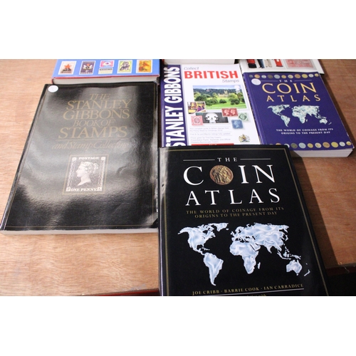 473 - SEVEN VARIOUS STAMP AND COIN COLLECTING BOOKS TO INCLUDE STANLEY GIBBONS