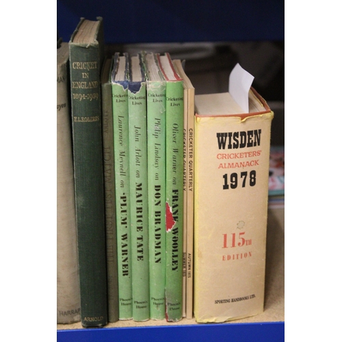 890 - A QUANTITY OF CRICKET BOOKS TO INCLUDE WISDEN, DICKIE BIRD, CRICKET IN ENGLAND 1894-1939, ETC.,