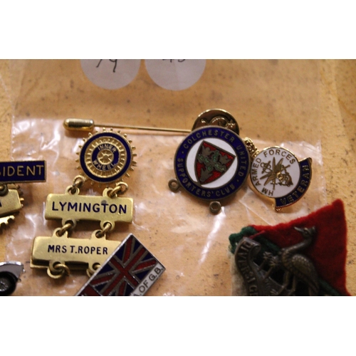 907 - A QUANTITY OF BADGES TO INCLUDE PAST CLUB TREASURER, R.M.A OF GB, 10 YEAR'S SERVICE, ETC.,