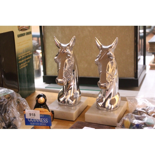 917 - A PAIR OF CHROME HORSES HEADS ON MARBLE BASE HEIGHT 23CM