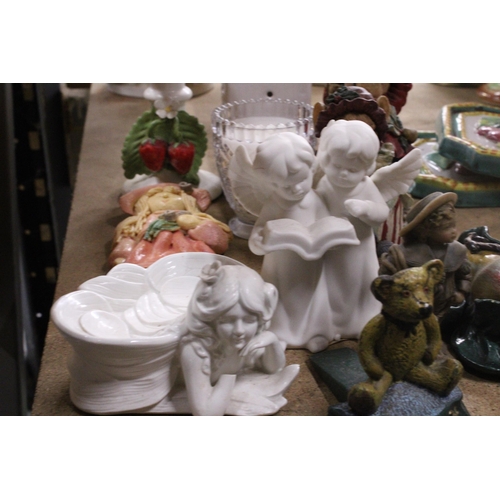 988 - A QUANTITY OF ANIMAL FIGURES, LADY FIGURES, TWO WALL TILES, CANDLESTICK, ETC